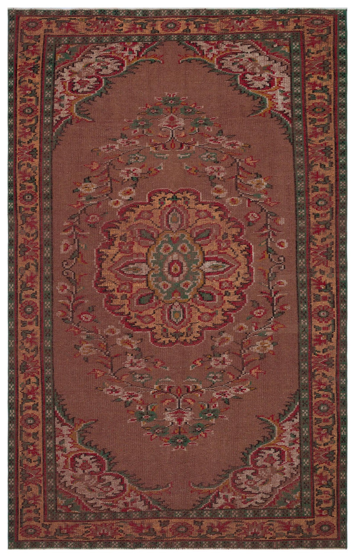 Dusty rose traditional rug with a central floral medallion, intricate border, and accents of green, cream, and red.