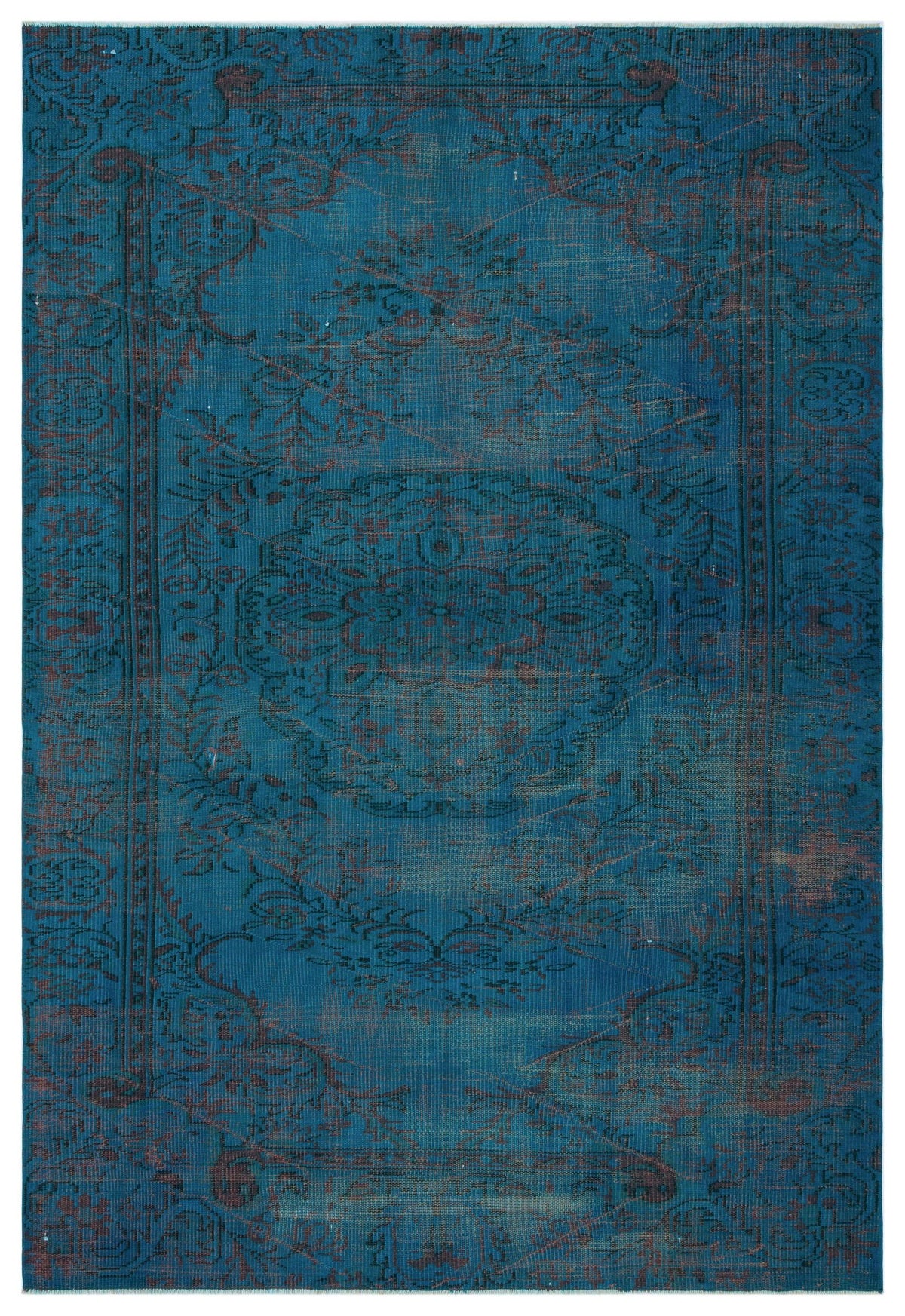 Teal and dark brown traditional rug with a distressed floral medallion pattern and a decorative border.