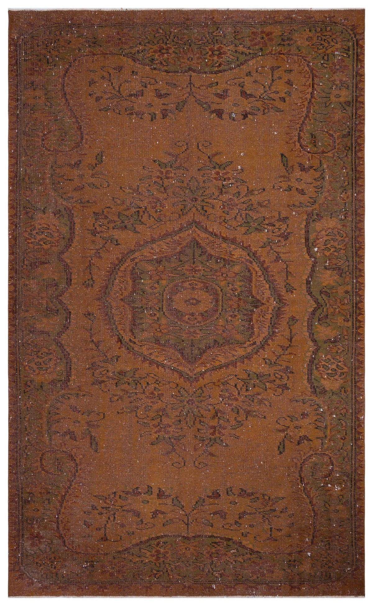 Rust-colored traditional rug with a central floral medallion, distressed finish, and dark green and brown accents.