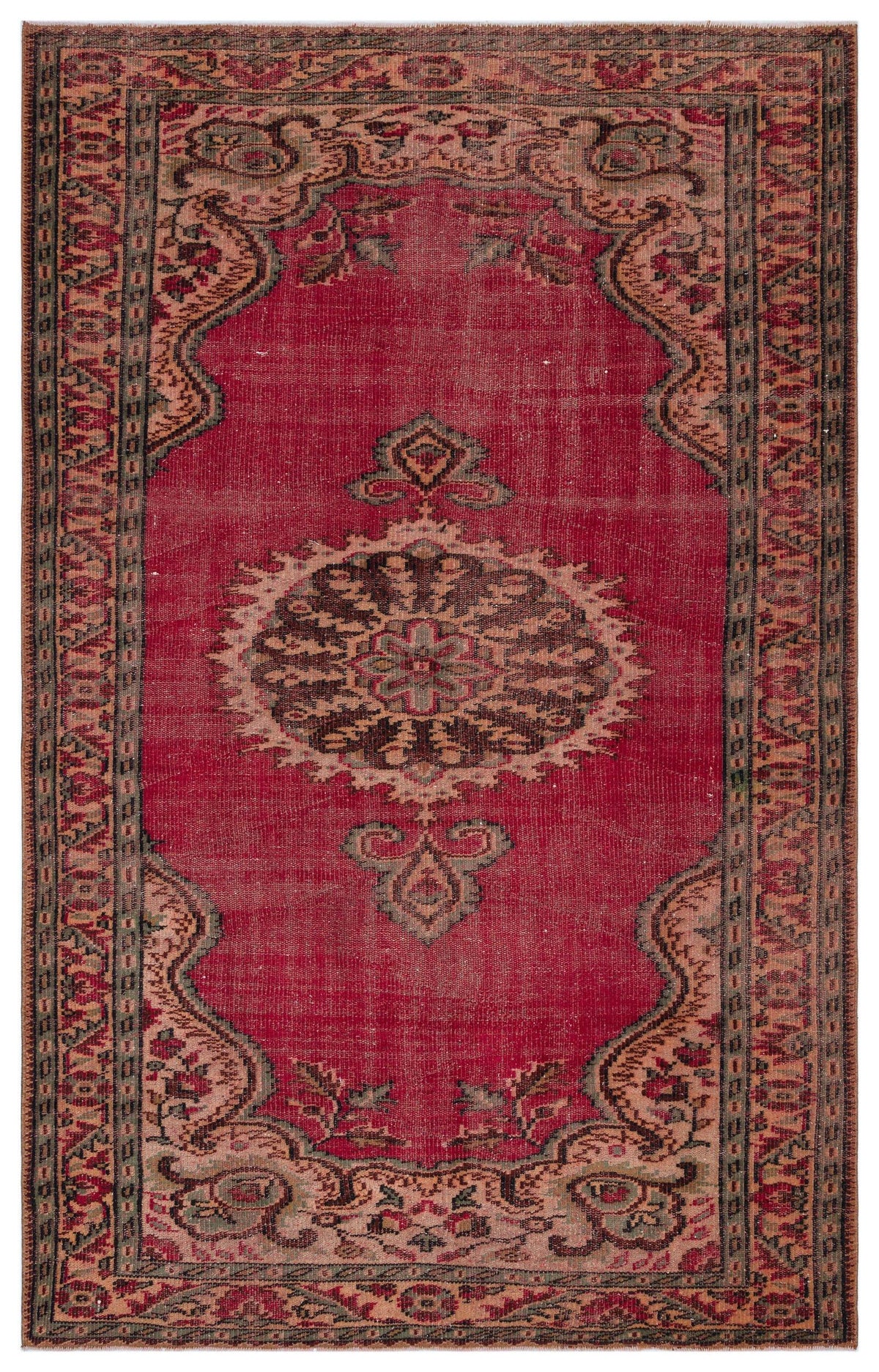 Red vintage-style rug with a central dark medallion, floral motifs, and a decorative border on a white background.