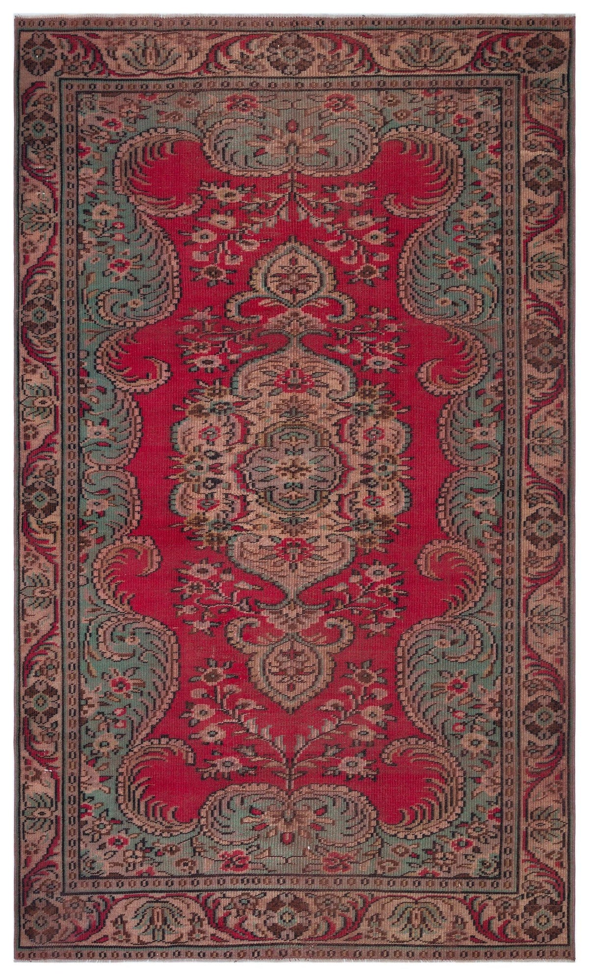Red traditional rug with a central floral medallion, intricate paisley motifs, and a decorative border in teal and beige.