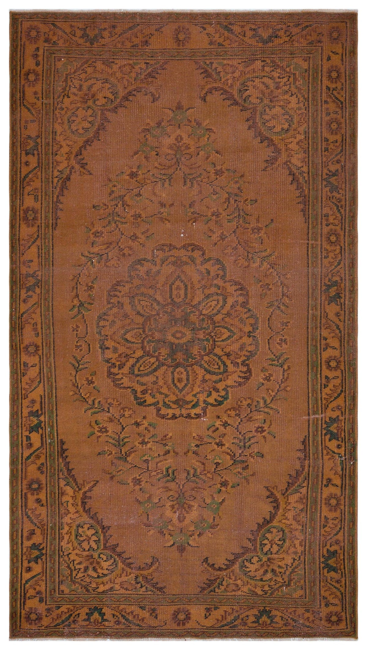 Rust-colored traditional rug with a central floral medallion and ornate border in dark green and brown tones.