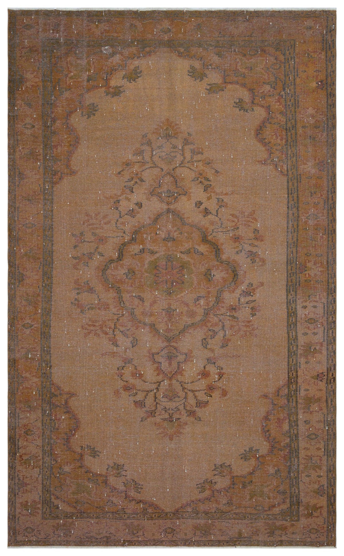 Distressed terracotta and brown traditional rug with a central floral medallion and ornate border.
