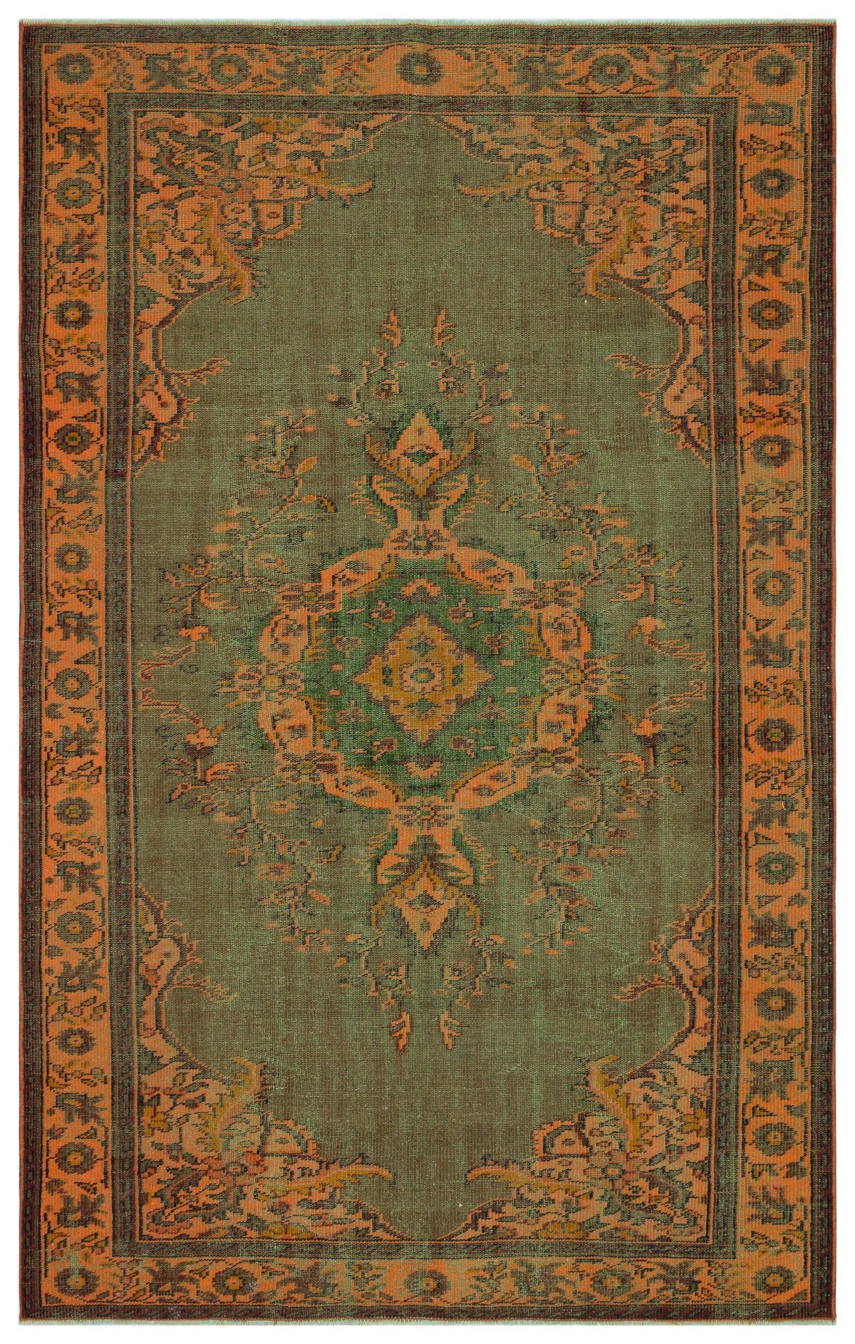 Olive green and burnt orange traditional rug with a central floral medallion and a decorative geometric border.