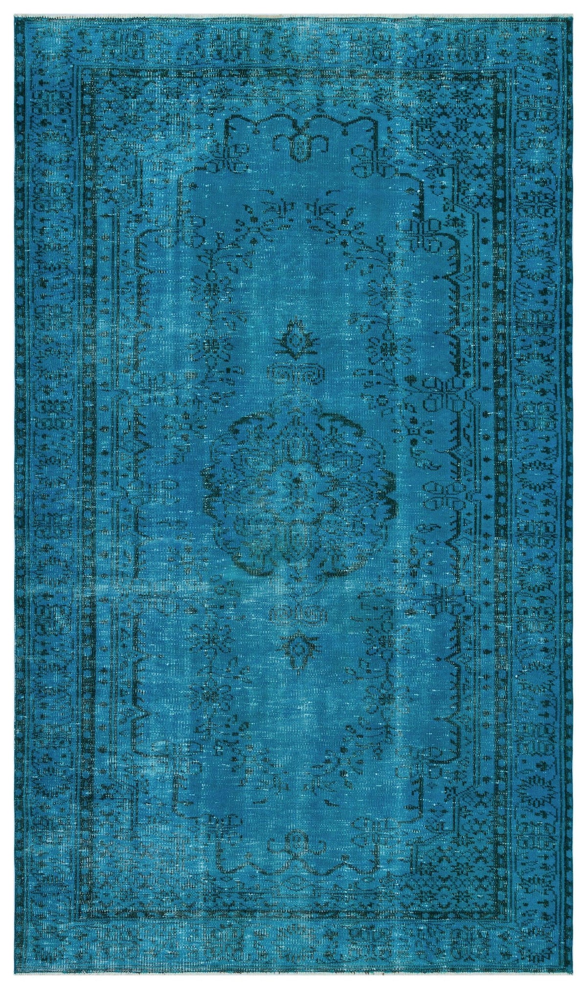 Teal distressed rug with a dark blue traditional floral medallion and ornate border pattern.