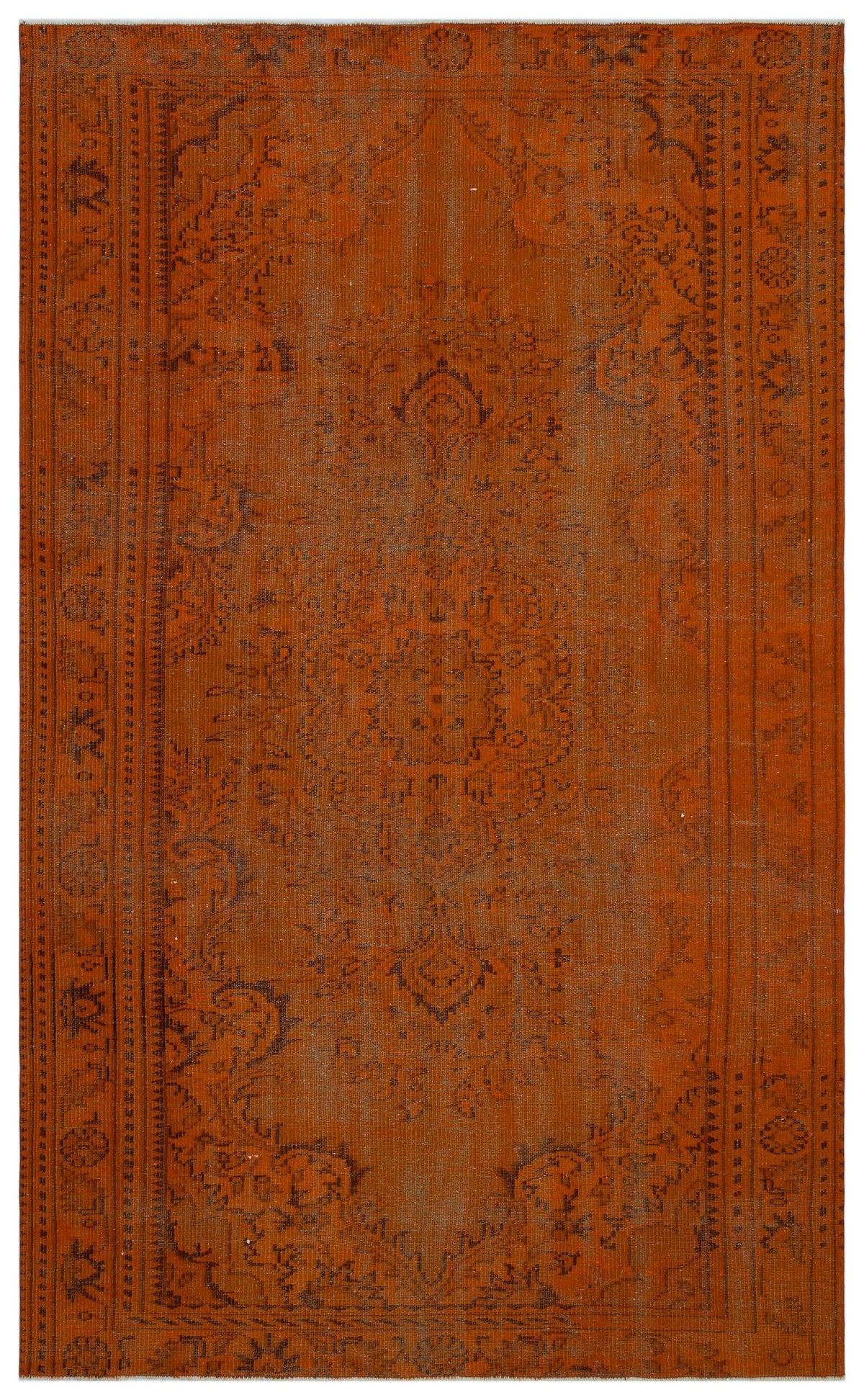 Burnt orange distressed rug with a dark charcoal traditional medallion and border pattern on a white background.