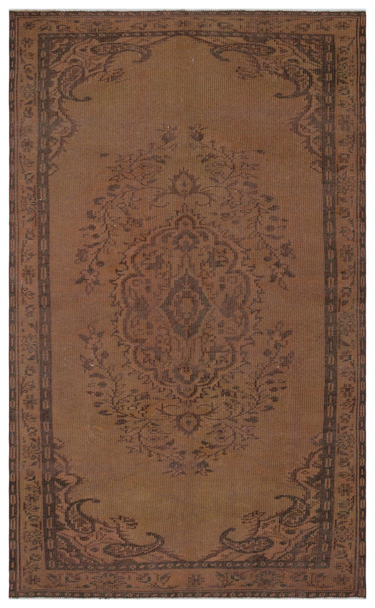 Brown vintage-style rug with a dark brown central floral medallion and a decorative border.
