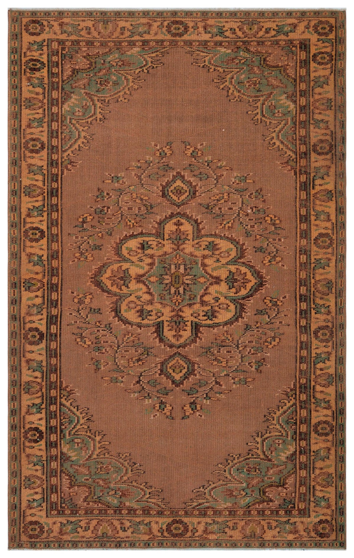 Brown traditional rug with a central floral medallion and ornate border in muted green and tan accents.