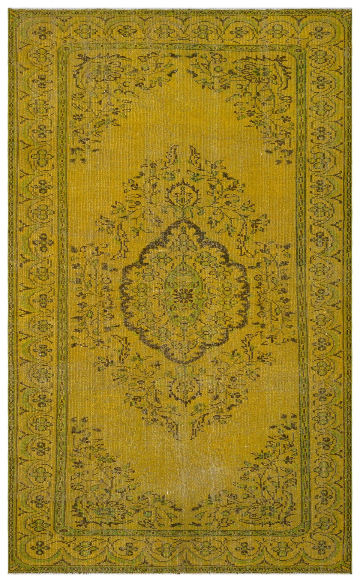 Mustard yellow traditional rug with a central dark floral medallion and a repeating geometric border.