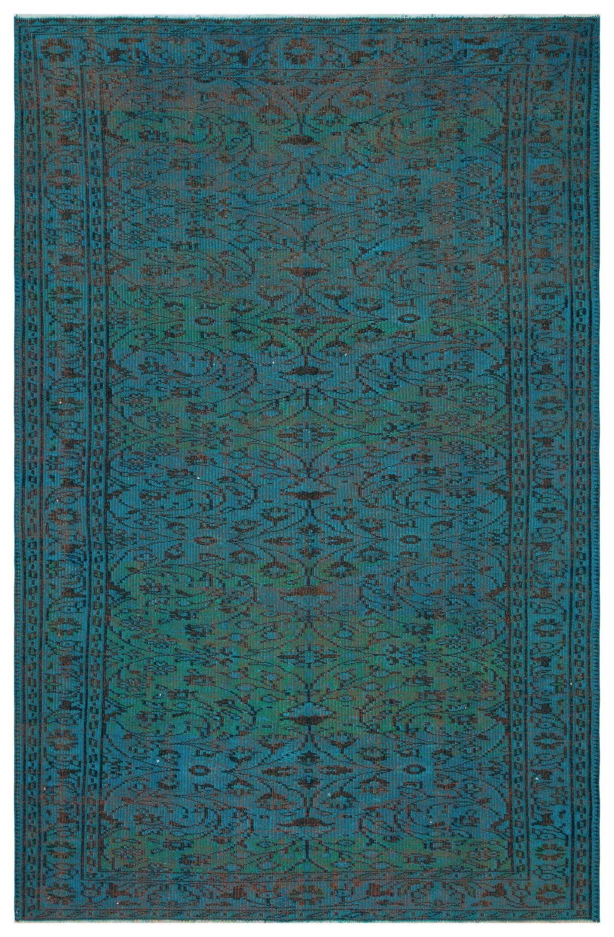 Teal and black traditional rug with a symmetrical floral medallion pattern and a decorative border.