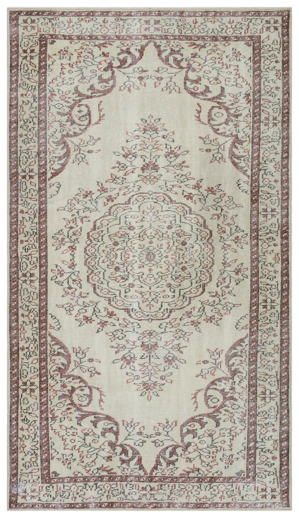 Beige and red traditional rug with a central floral medallion and ornate border pattern on a white background.