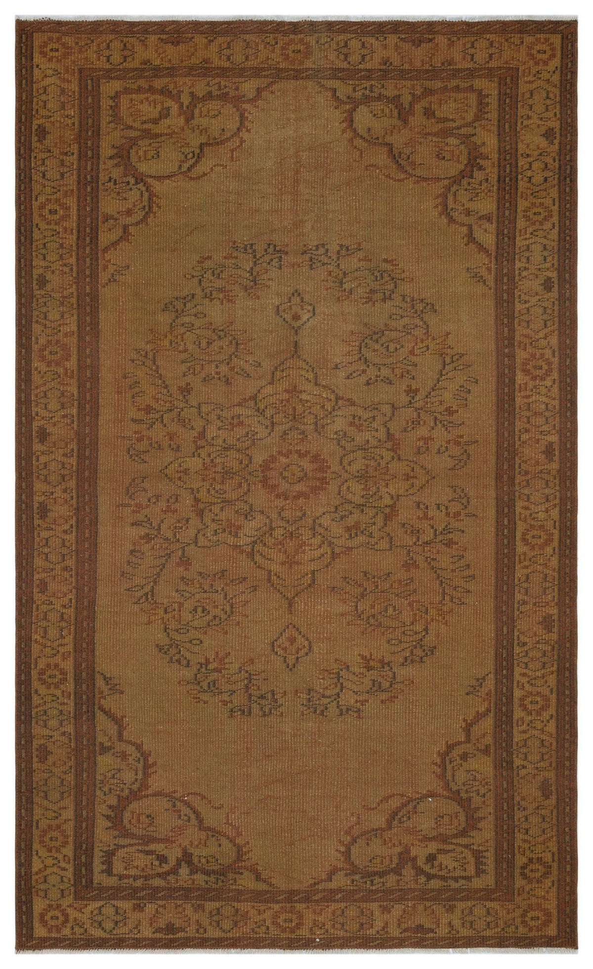 Rust-colored traditional rug with a central floral medallion and ornate border on a white background.