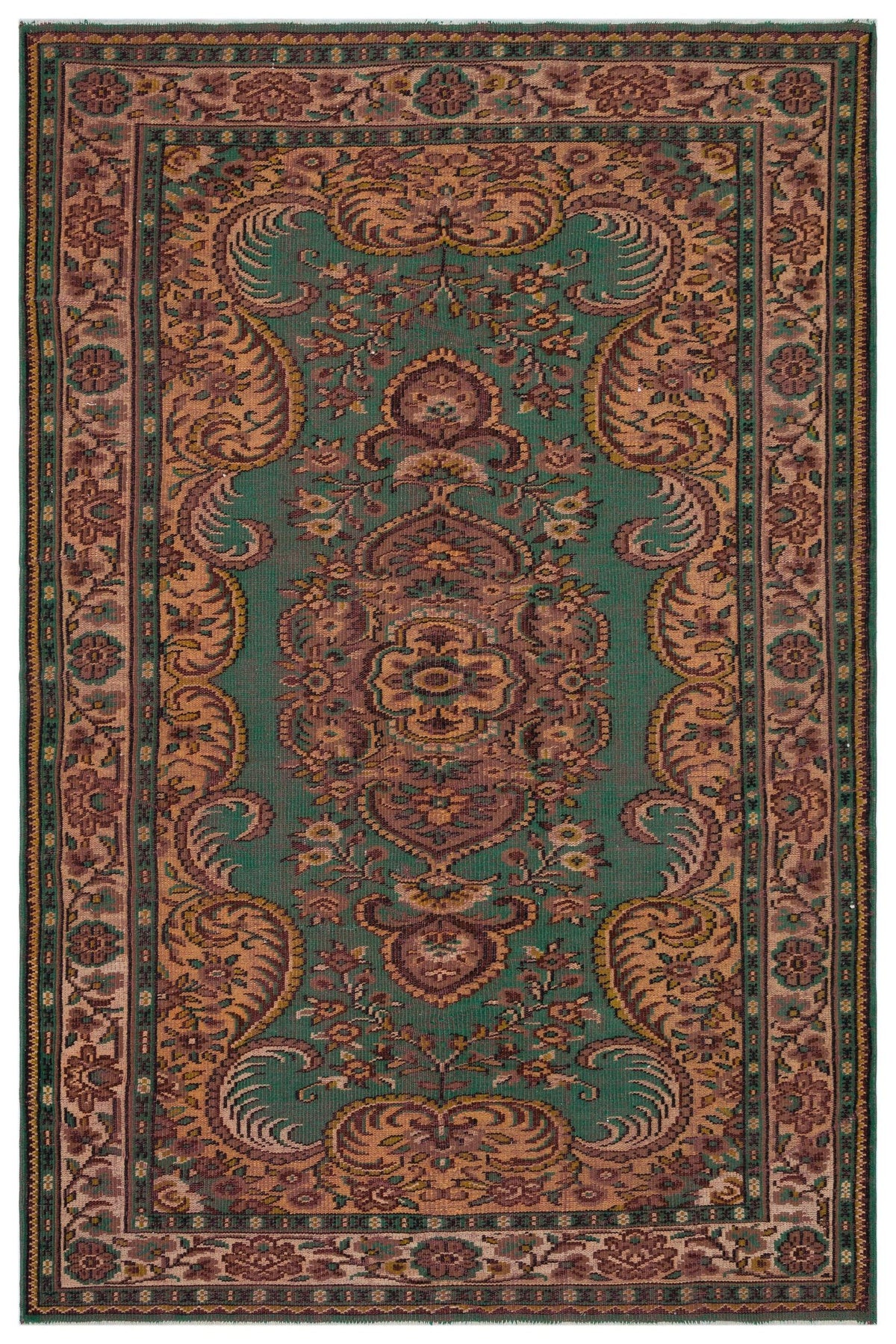 Emerald green rug with a central floral medallion and intricate paisley border in shades of brown, tan, and muted red.