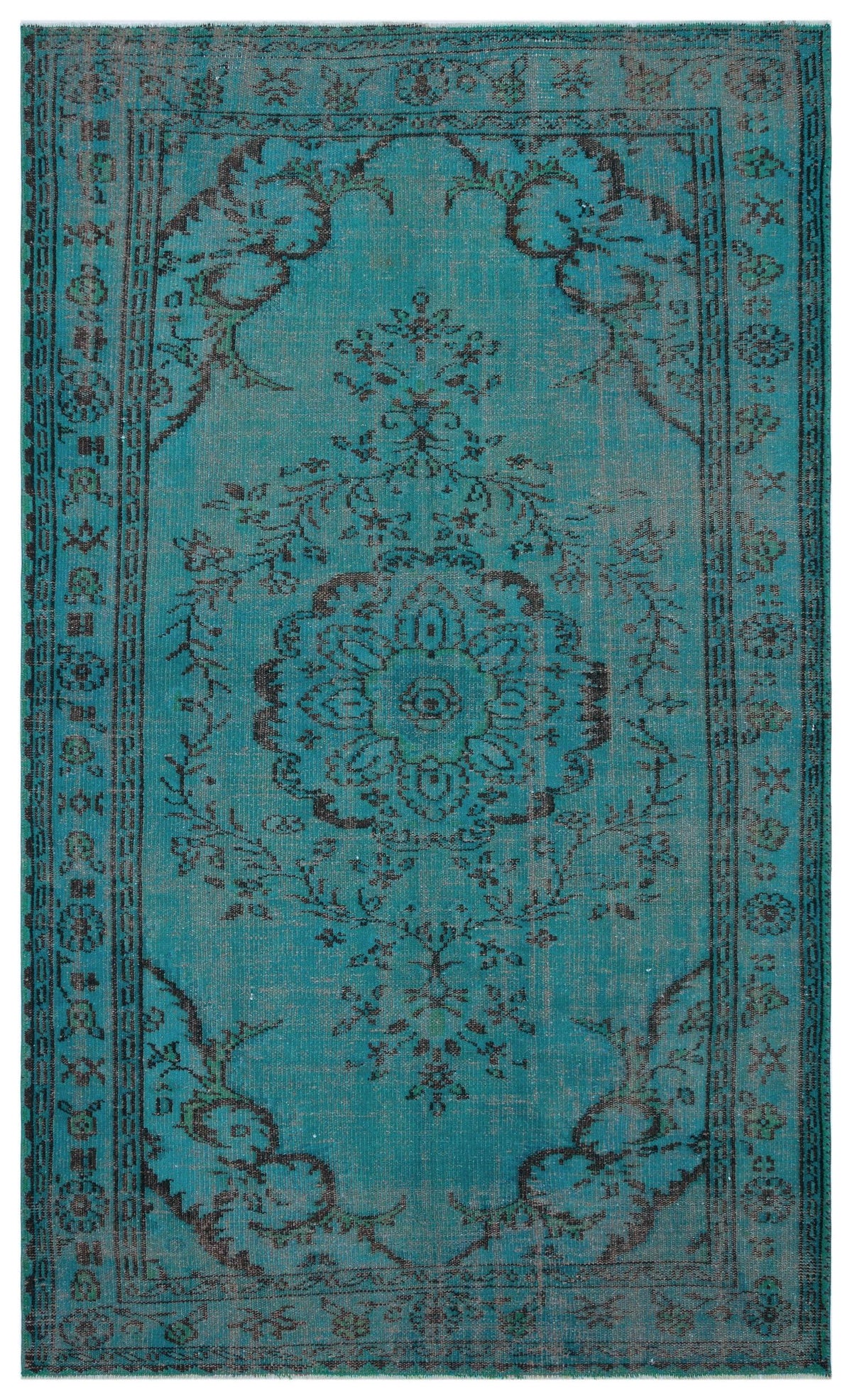Teal and charcoal distressed rug with a traditional central medallion and ornate floral border.