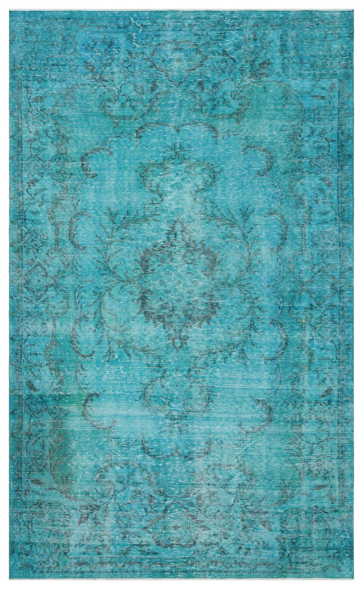 Turquoise distressed rug with a faded charcoal grey traditional floral medallion pattern.