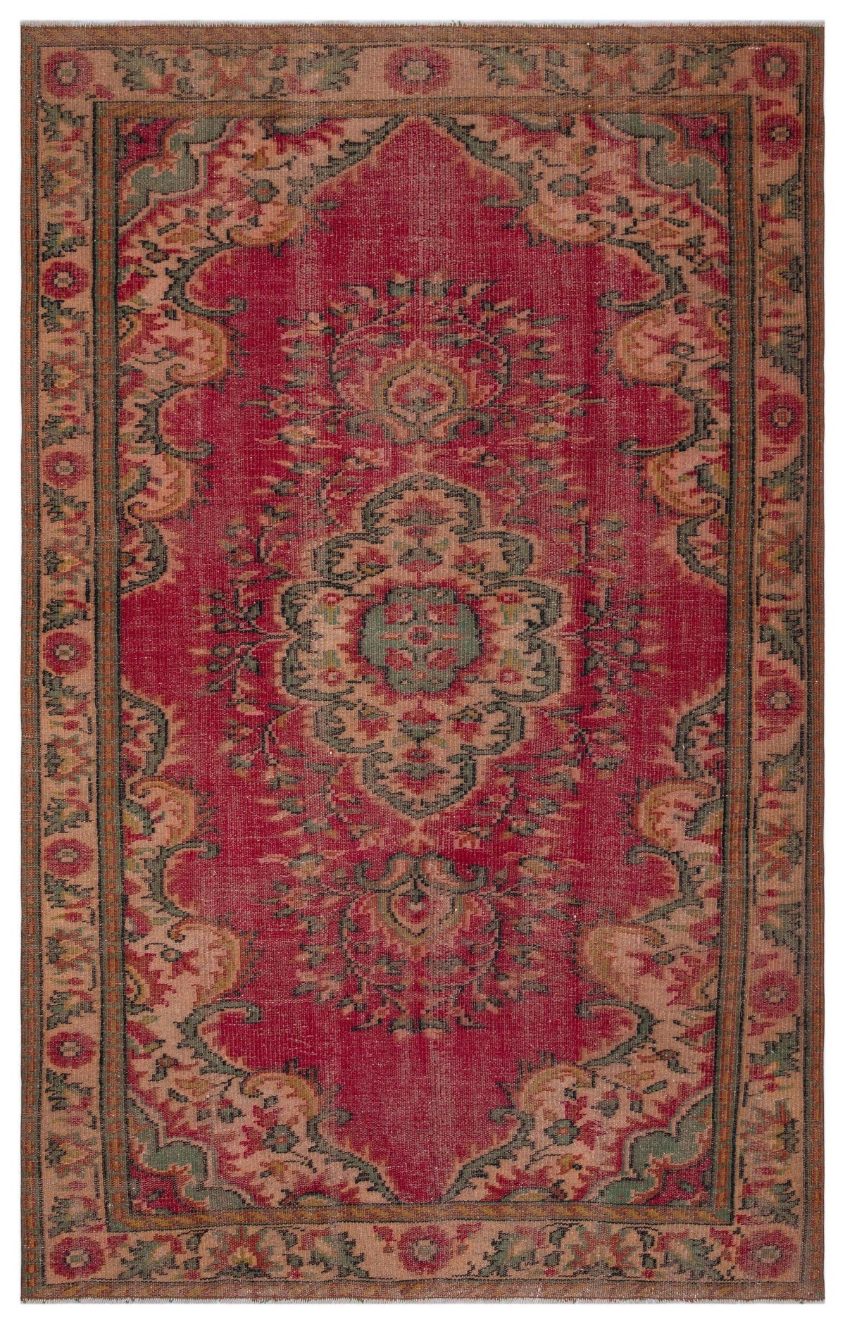 Distressed red traditional rug with a central floral medallion, sage green accents, and a decorative border.