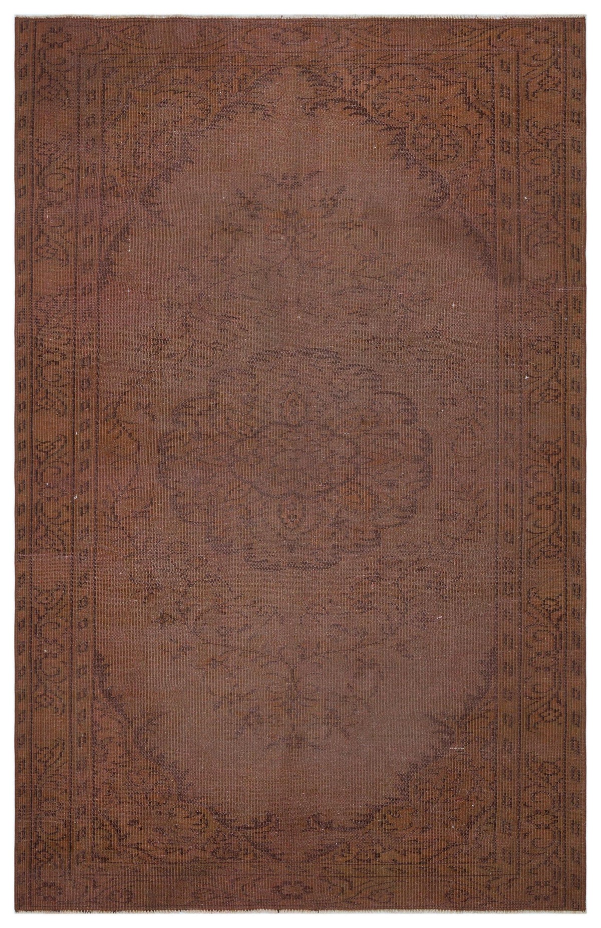 Monochromatic brown rug with a subtle, tonal floral medallion pattern and a decorative border on a white background.