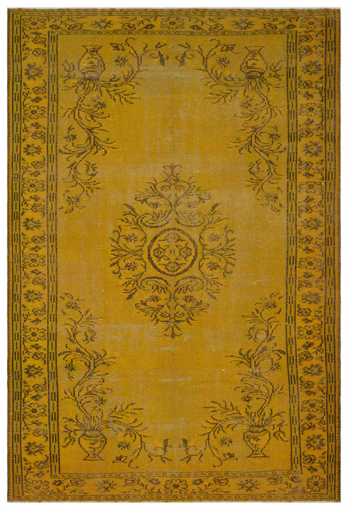 Load image 1 in gallery view. Mustard yellow rug with a dark brown central floral medallion and urn motifs, framed by a decorative floral border.