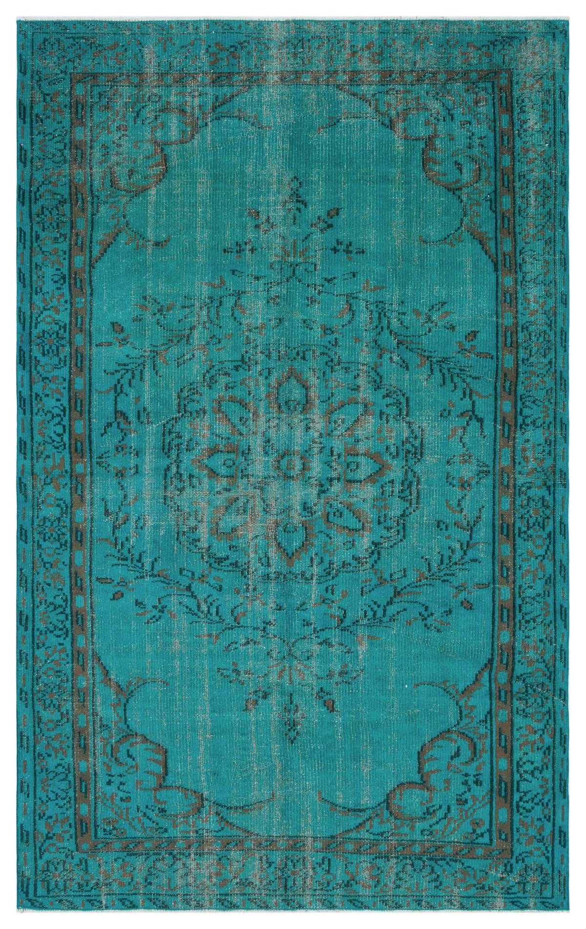 Teal and charcoal distressed rug with a traditional central medallion and ornate floral border.
