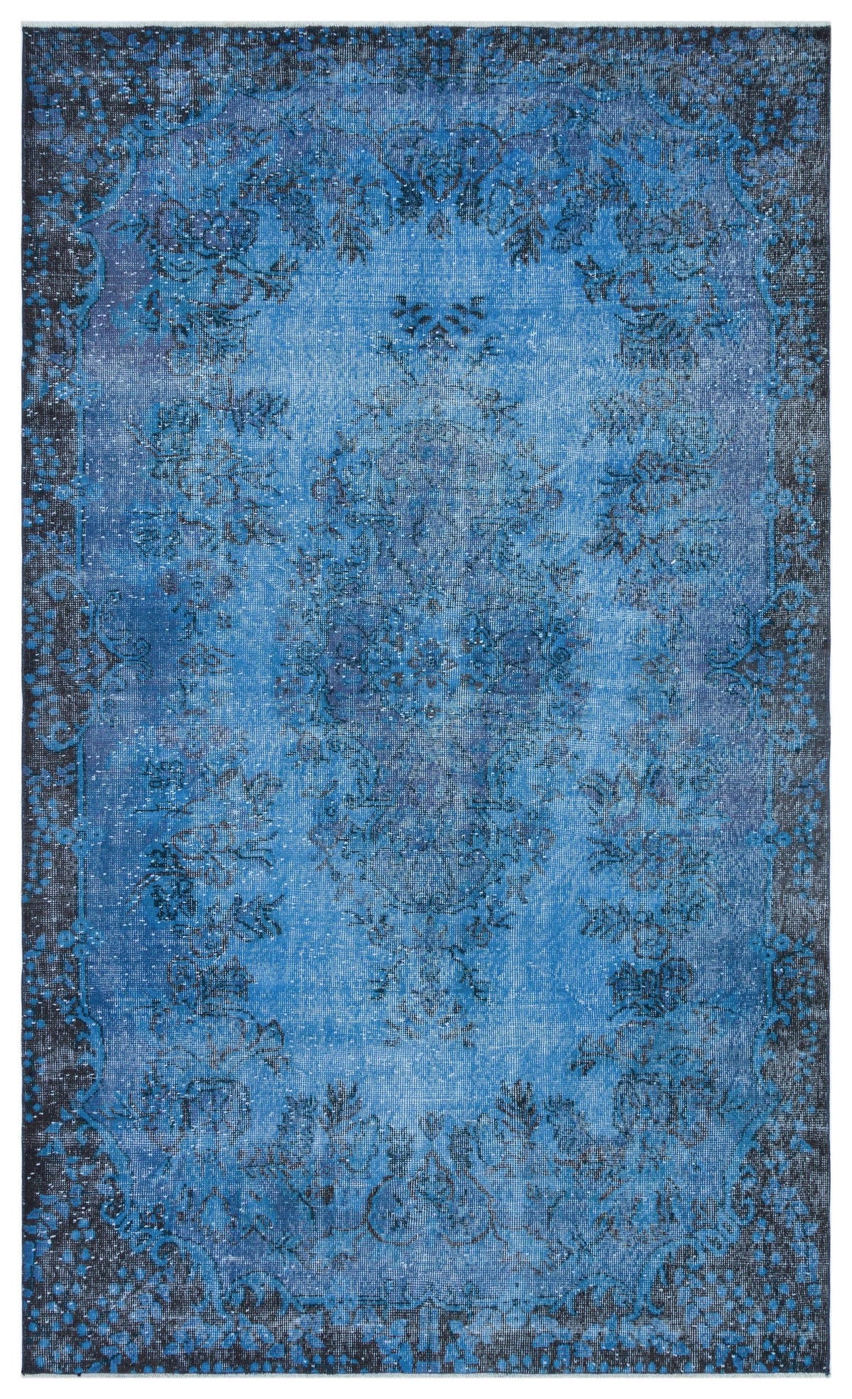 Blue and black distressed traditional rug with a central floral medallion and ornate border pattern.