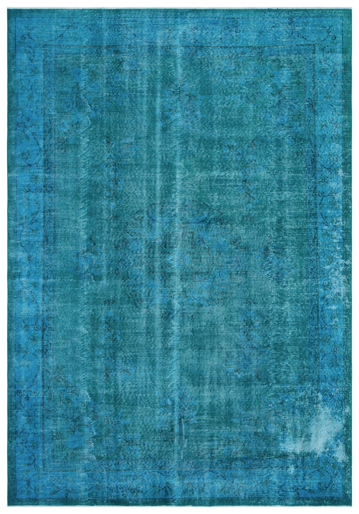 Teal distressed area rug with a faded traditional floral medallion and border pattern.