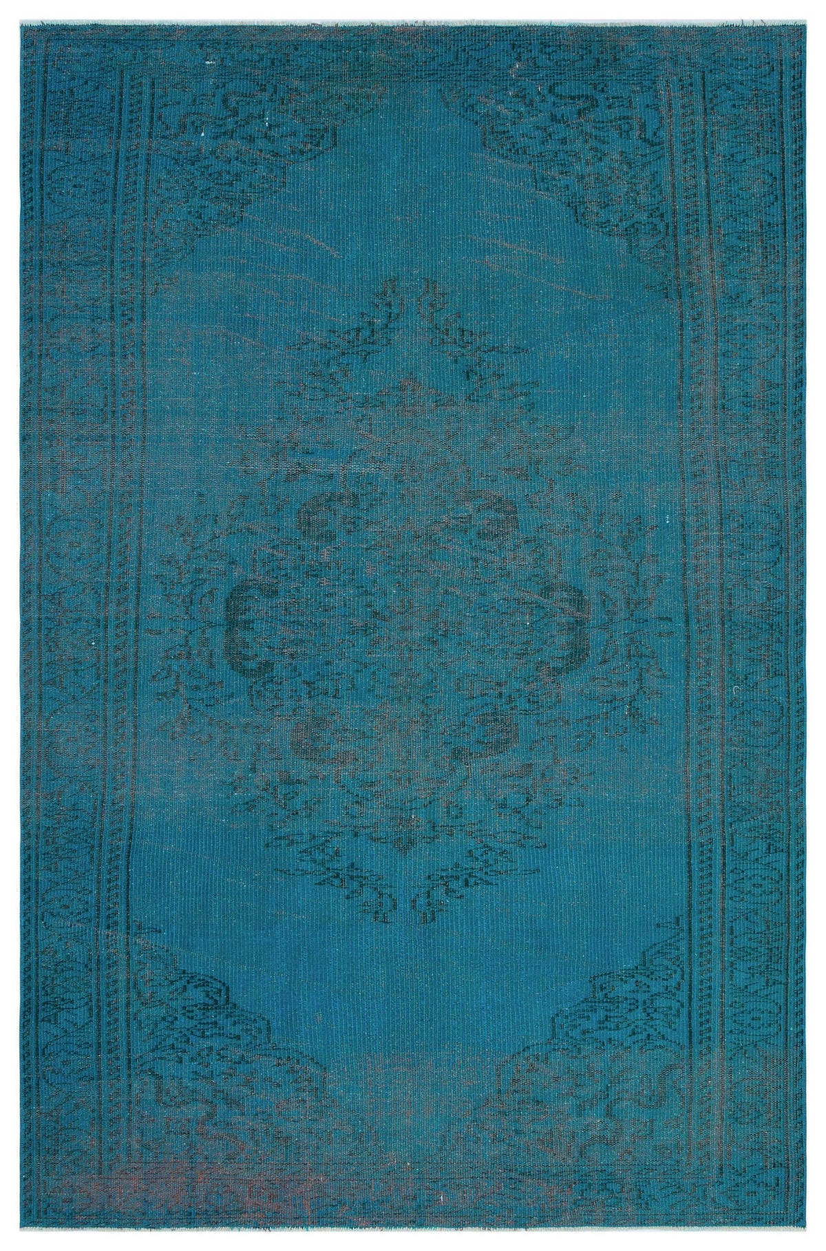 Teal area rug with a dark, distressed traditional floral medallion pattern and a linear border.
