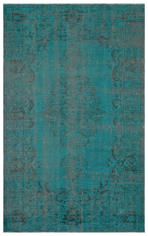Load image 1 in gallery view. Teal and charcoal distressed rug with a faded central medallion and ornate border pattern.