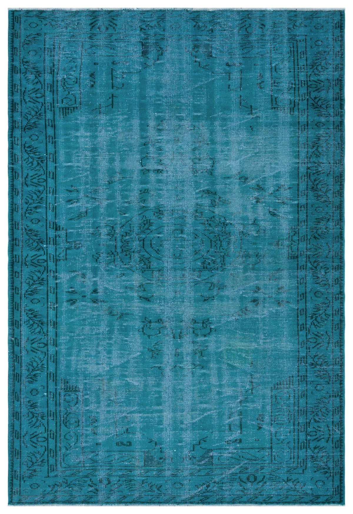 Teal distressed area rug with a faded traditional medallion pattern and a decorative border.