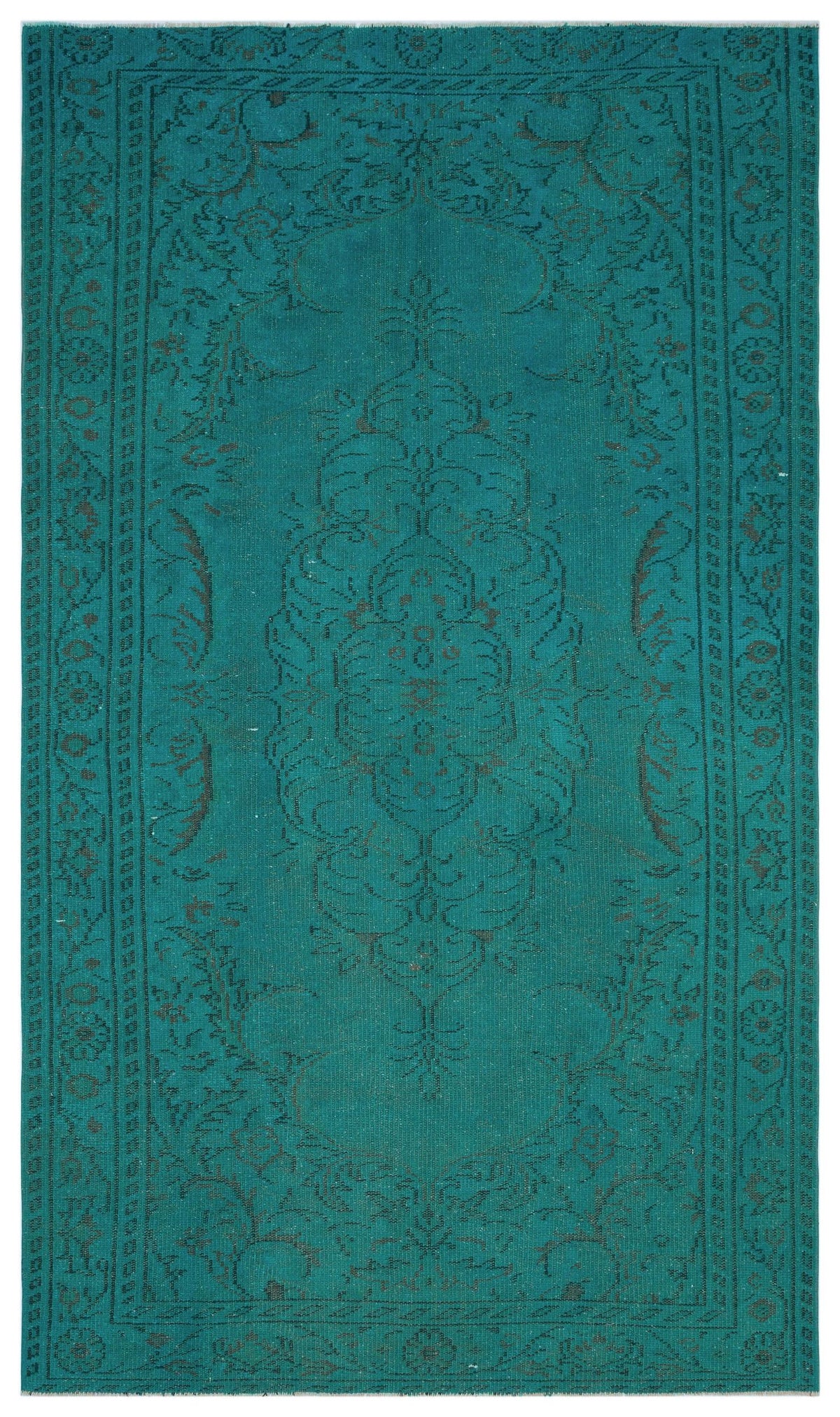 Teal rug with a dark grey traditional floral medallion and border pattern on a white background.