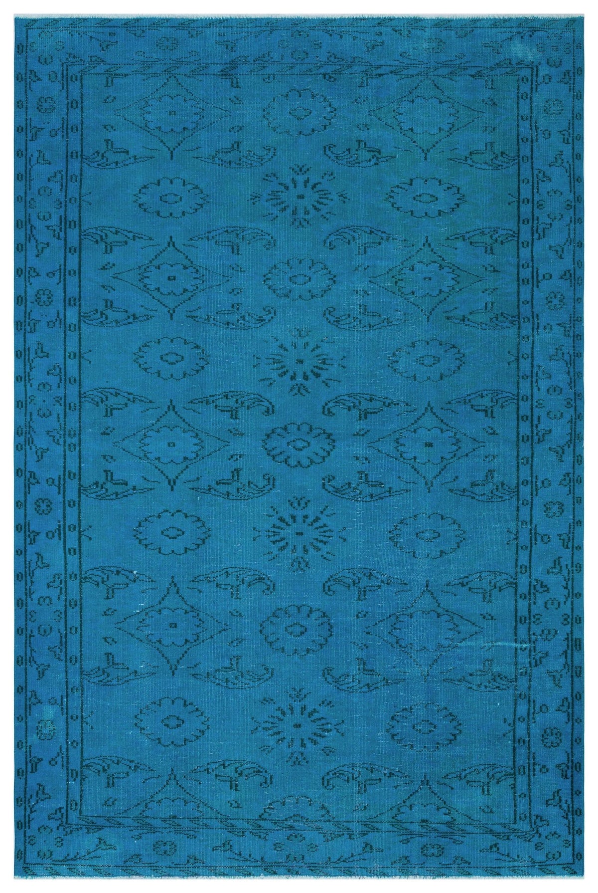 Teal rug with a dark blue repeating floral medallion and geometric border pattern on a white background.
