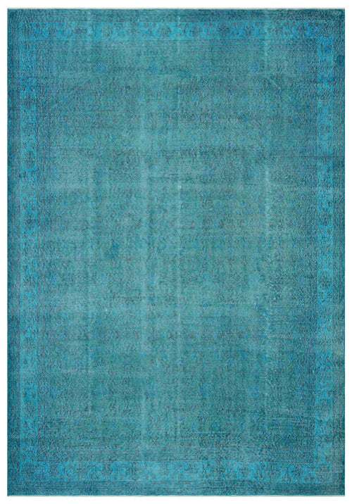 Load image 1 in gallery view. Teal monochromatic rug with a distressed, faded traditional border and central medallion pattern.