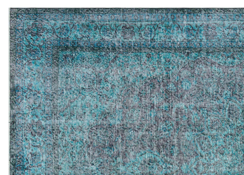 Load image 1 in gallery view. Teal and dark blue distressed rug with a traditional ornate border and faded vintage-style pattern.