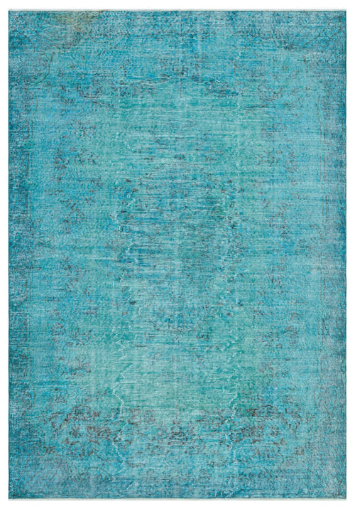 Load image 1 in gallery view. Distressed turquoise area rug with a faded central medallion and traditional border pattern.
