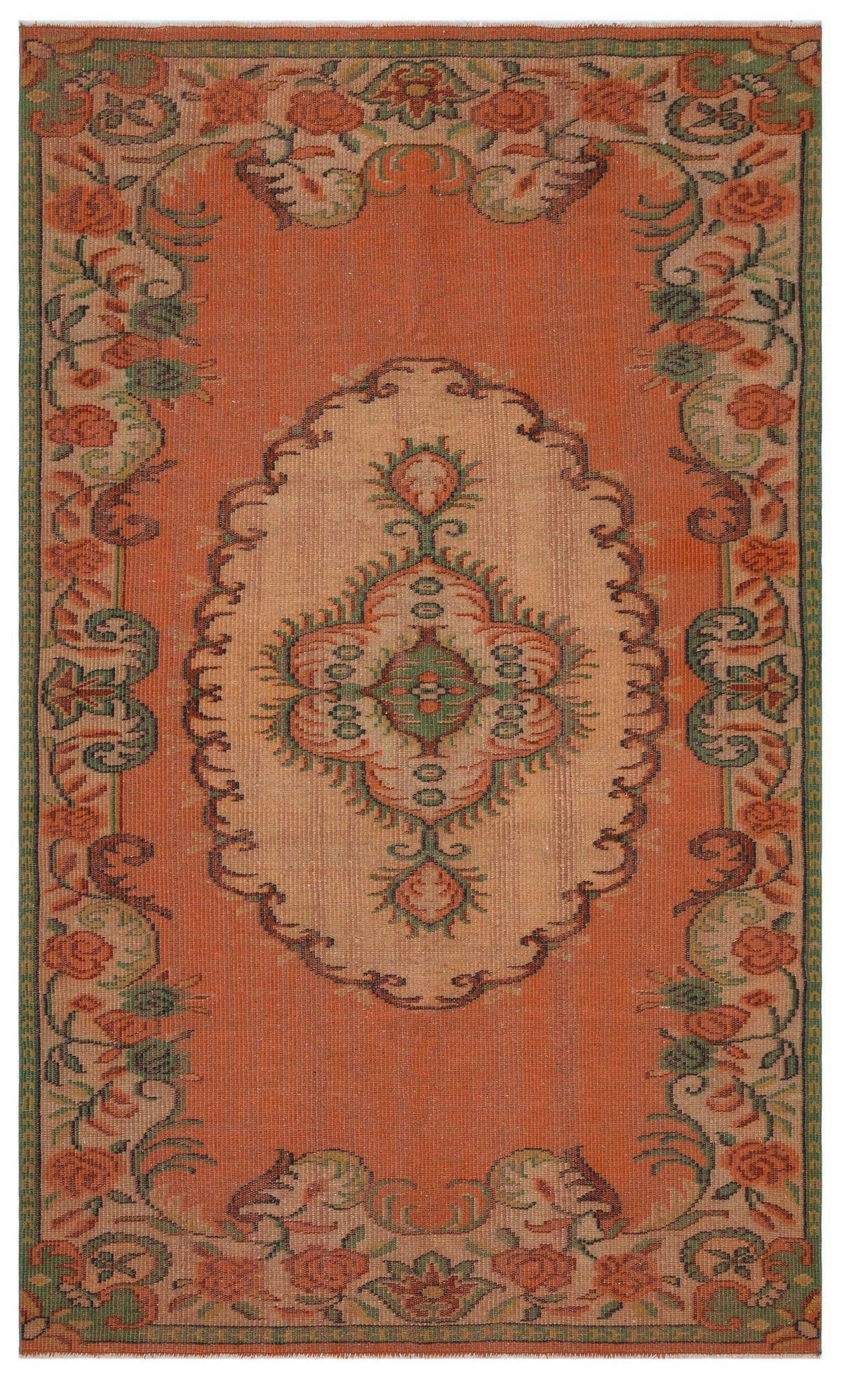 Terracotta and beige traditional rug with a central floral medallion and a decorative floral border.