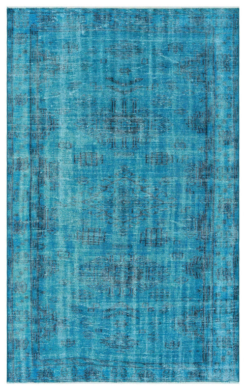 Load image 1 in gallery view. Bright blue distressed area rug with a faded traditional medallion pattern and a bordered edge.