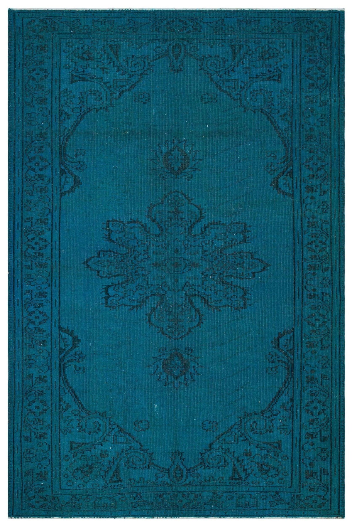 Teal rug with a dark blue traditional floral medallion pattern and a decorative border on a white background.