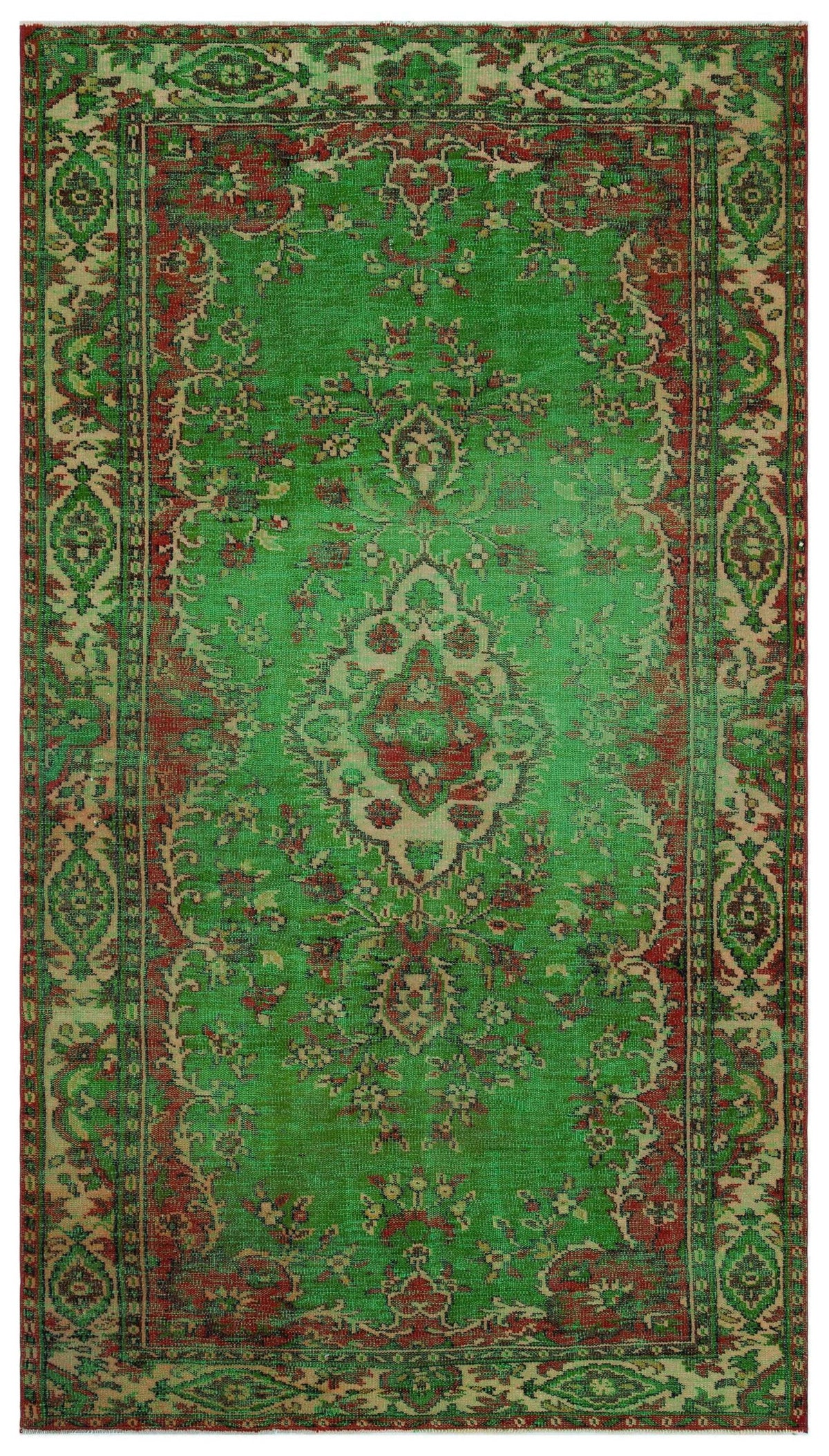 Green and red traditional rug with a central floral medallion and ornate border pattern.