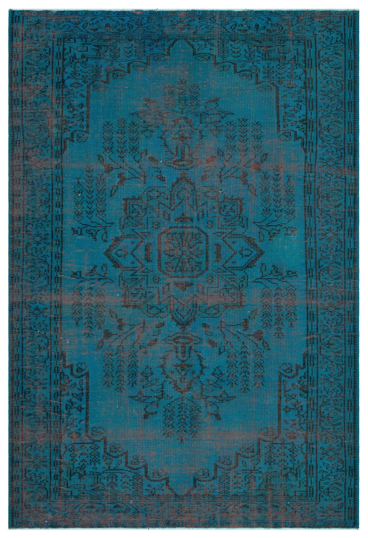 Teal and black distressed rug with a traditional central medallion and ornate border pattern.
