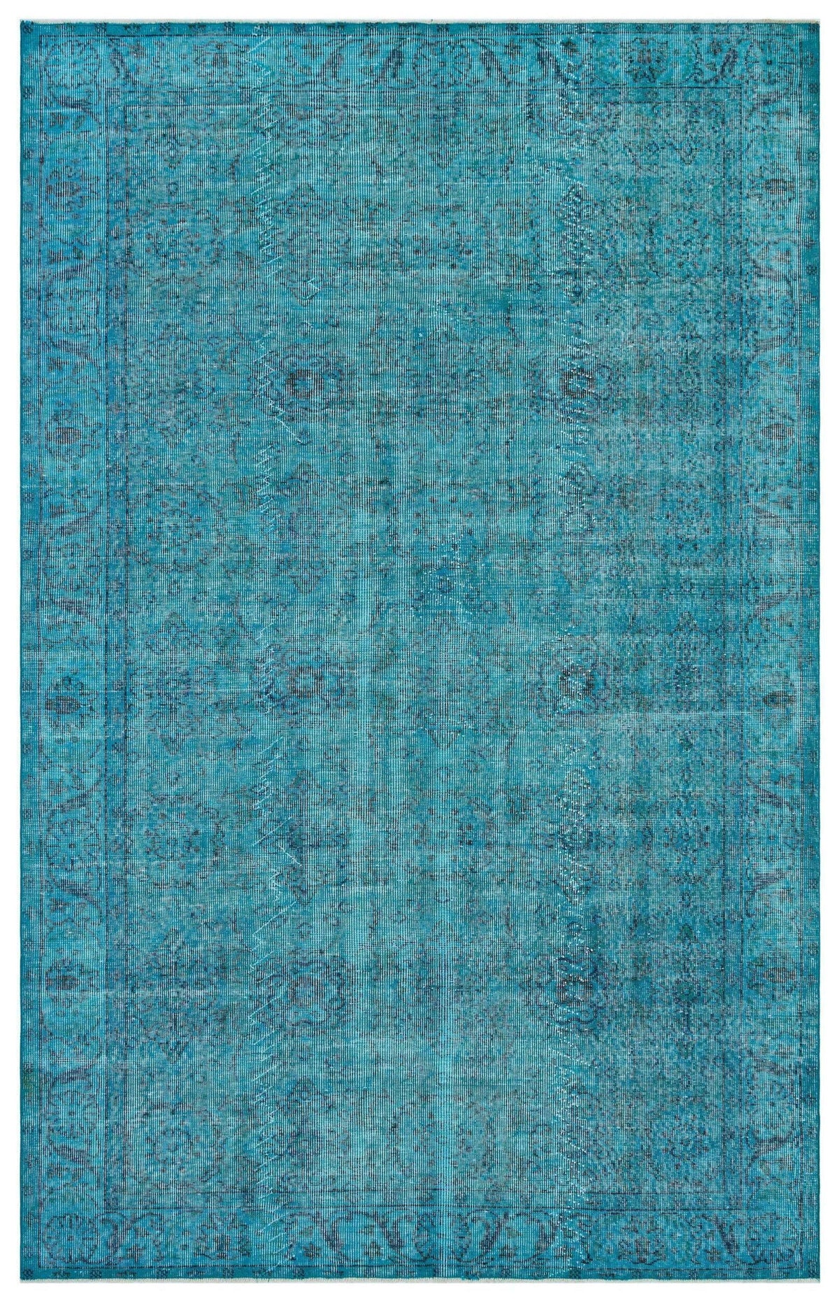 Teal distressed area rug with a faded traditional Persian medallion pattern and a decorative border.