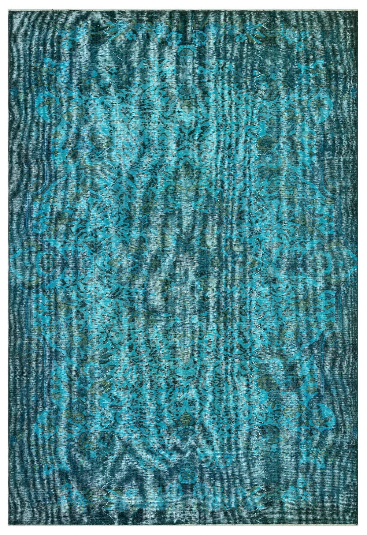 Teal and dark blue distressed rug with an ornate traditional medallion pattern.