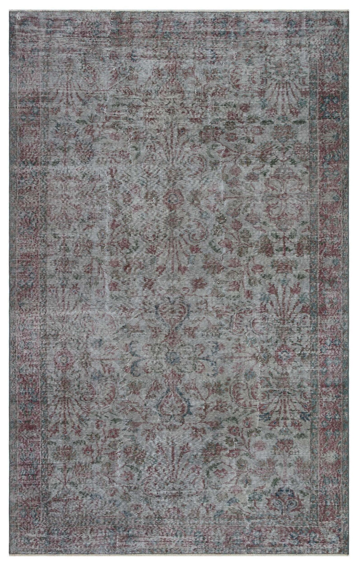 Grey, red, and blue distressed traditional rug with a faded floral medallion pattern on a white background.