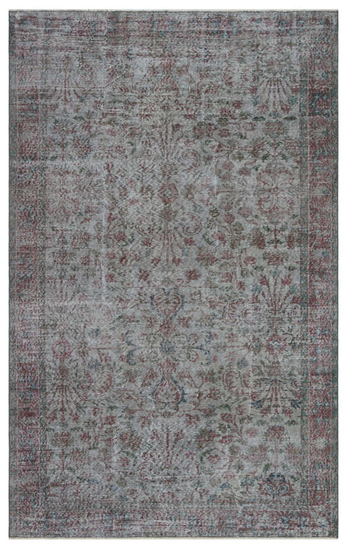 Load image 1 in gallery view. Grey, red, and blue distressed traditional rug with a faded floral medallion pattern on a white background.