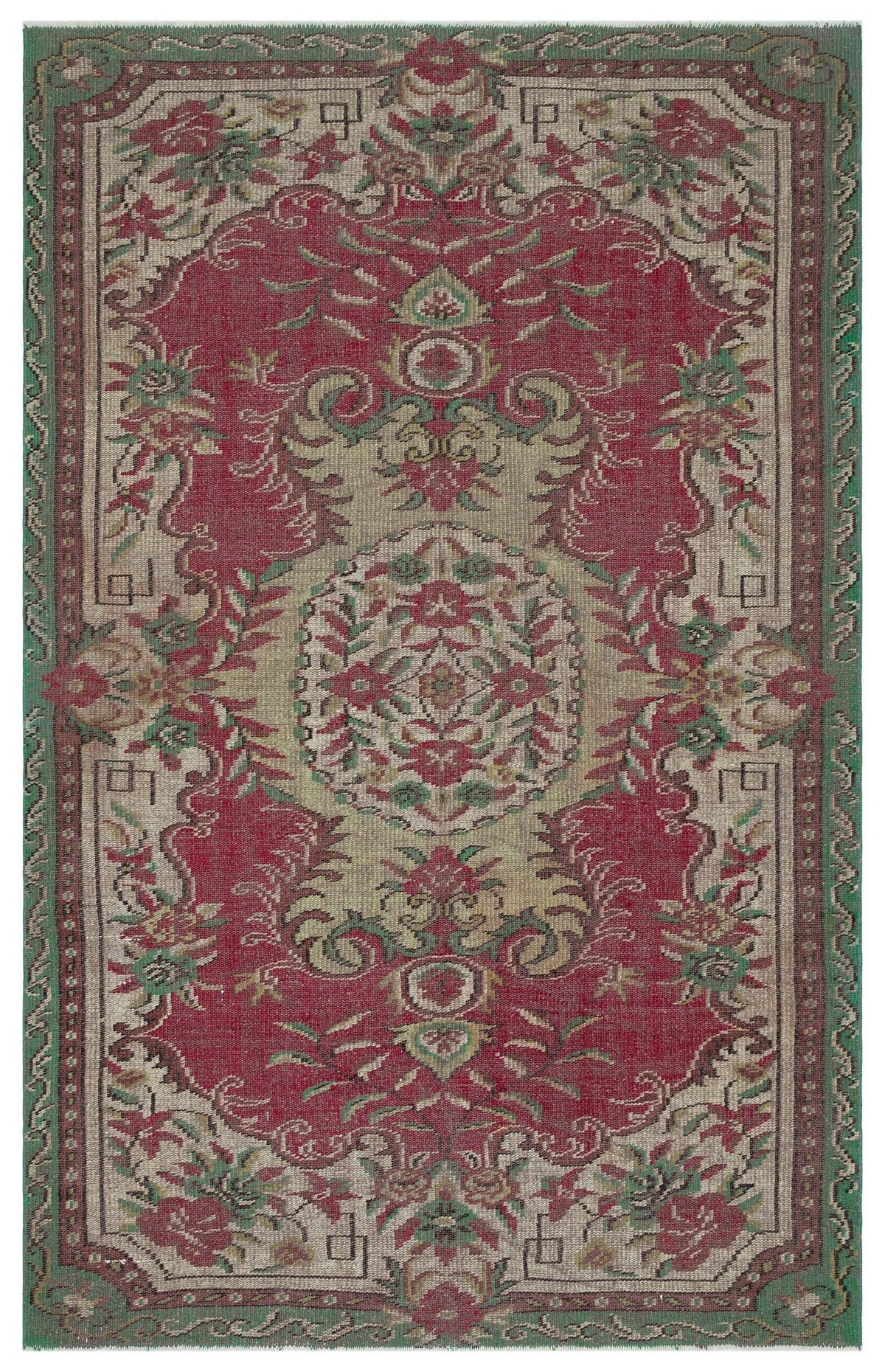 Traditional red, beige, and green rug with a central floral medallion and ornate border pattern.