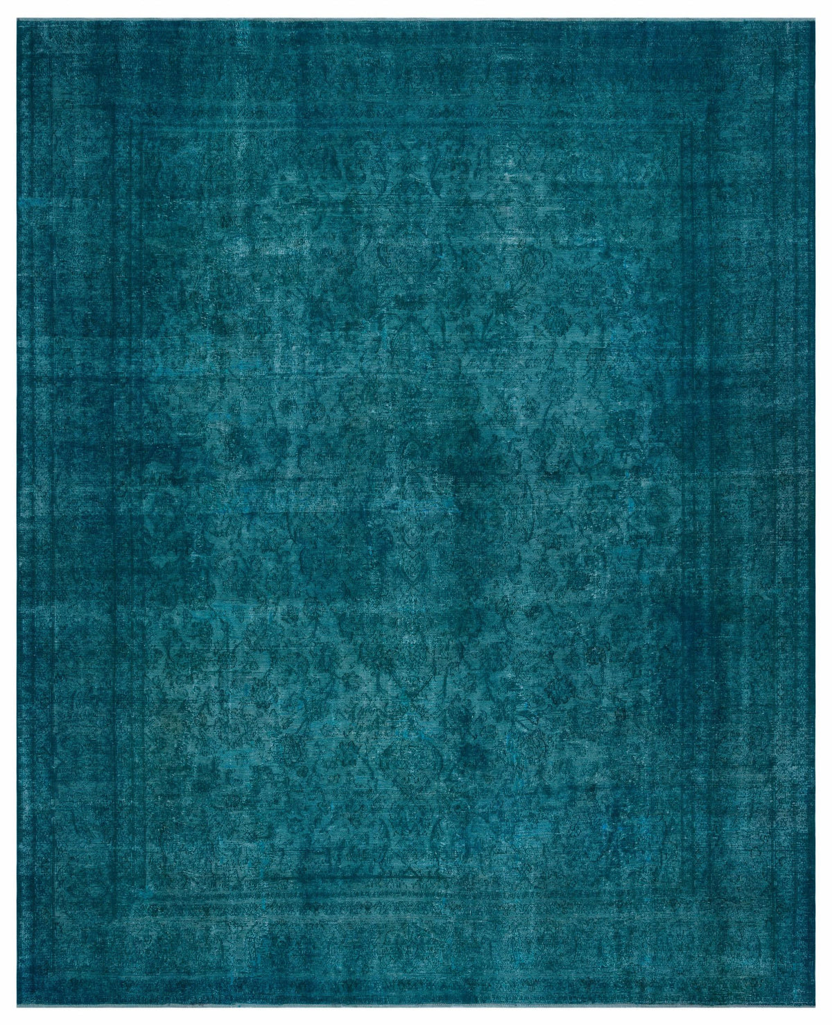 Teal monochromatic rug with a distressed, faded traditional medallion pattern and a simple border.