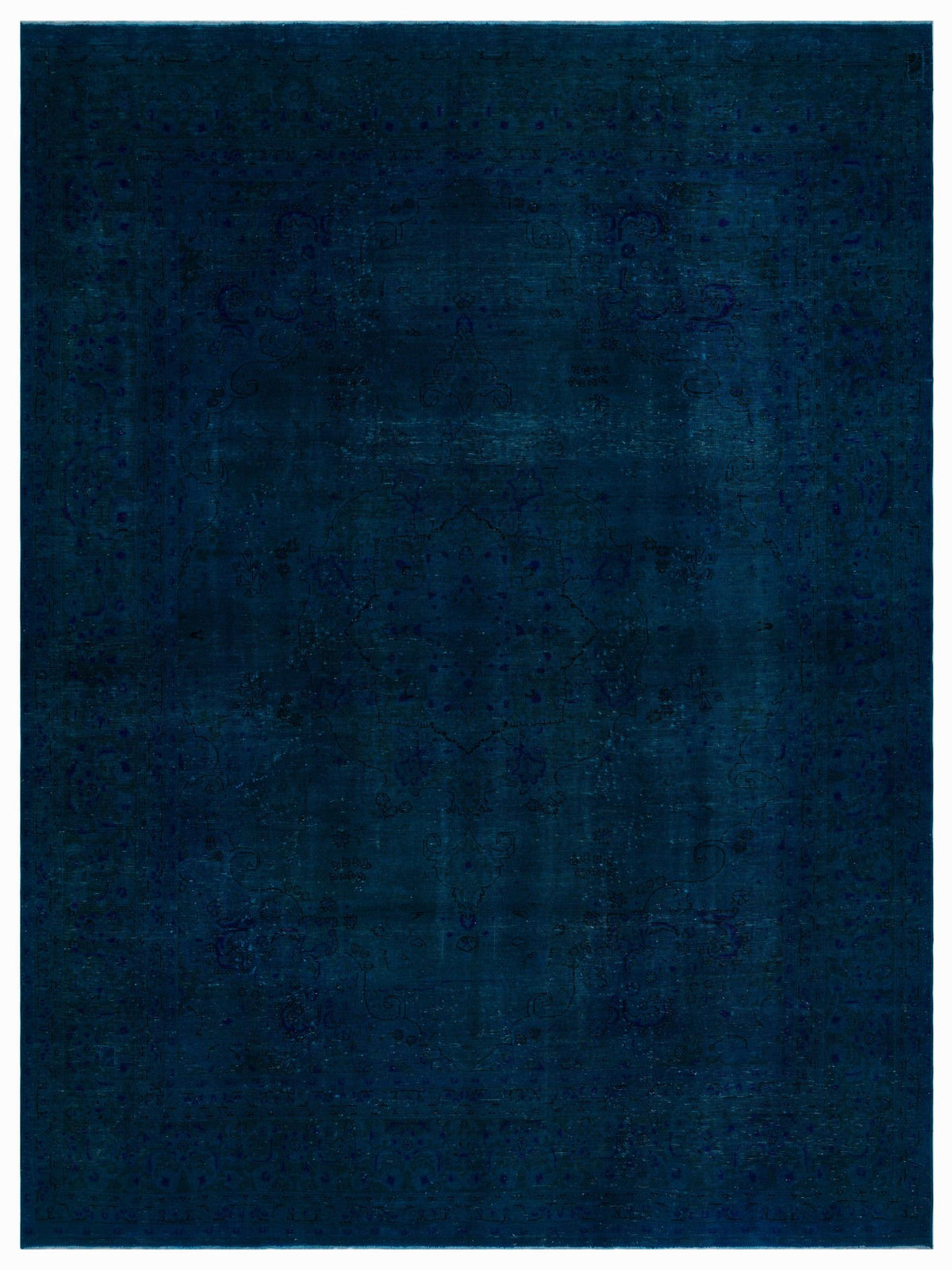 Deep navy blue rug with a subtle, tonal traditional medallion pattern and distressed finish.
