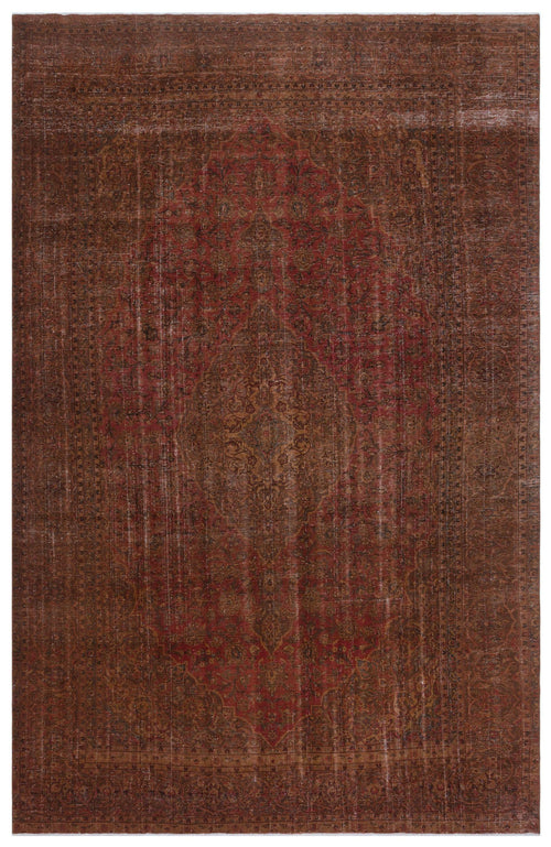 Load image 1 in gallery view. Distressed rust and brown traditional rug with a central floral medallion and intricate border pattern.