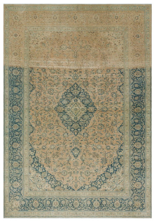 Load image 1 in gallery view. Tan and blue traditional Persian-style rug with a central floral medallion and intricate vine border.