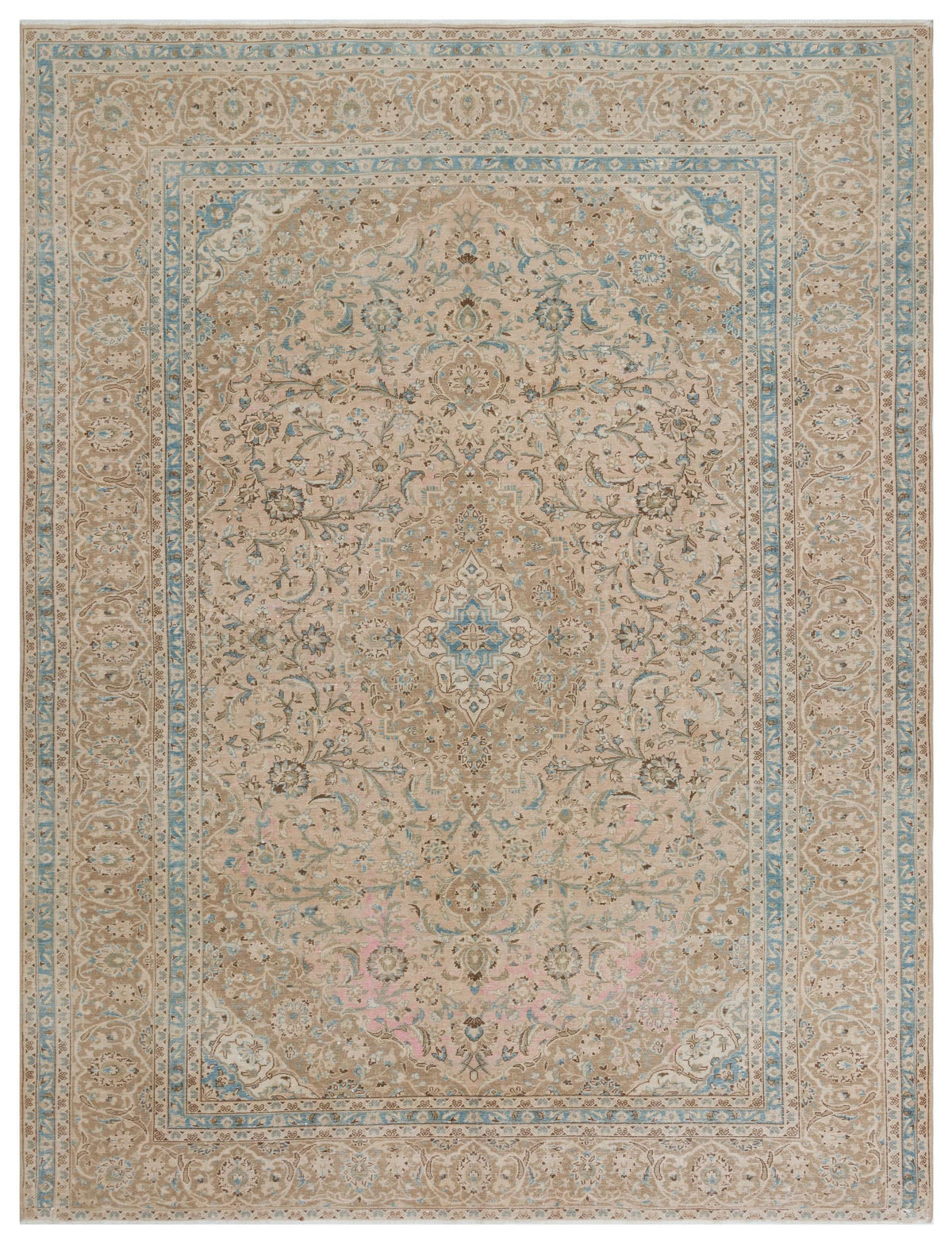 Beige traditional rug with a central floral medallion, intricate vine patterns, and blue and pink accents.