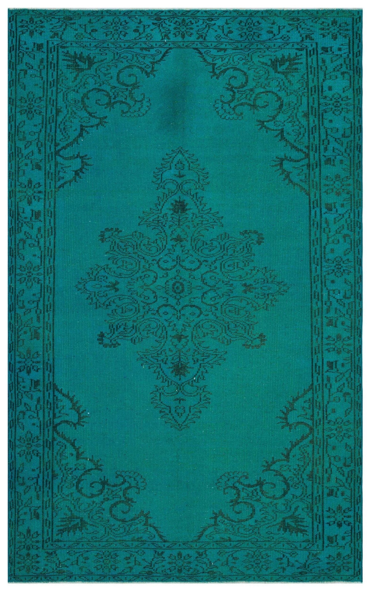 Teal rug with a dark green central medallion and ornate floral border pattern.