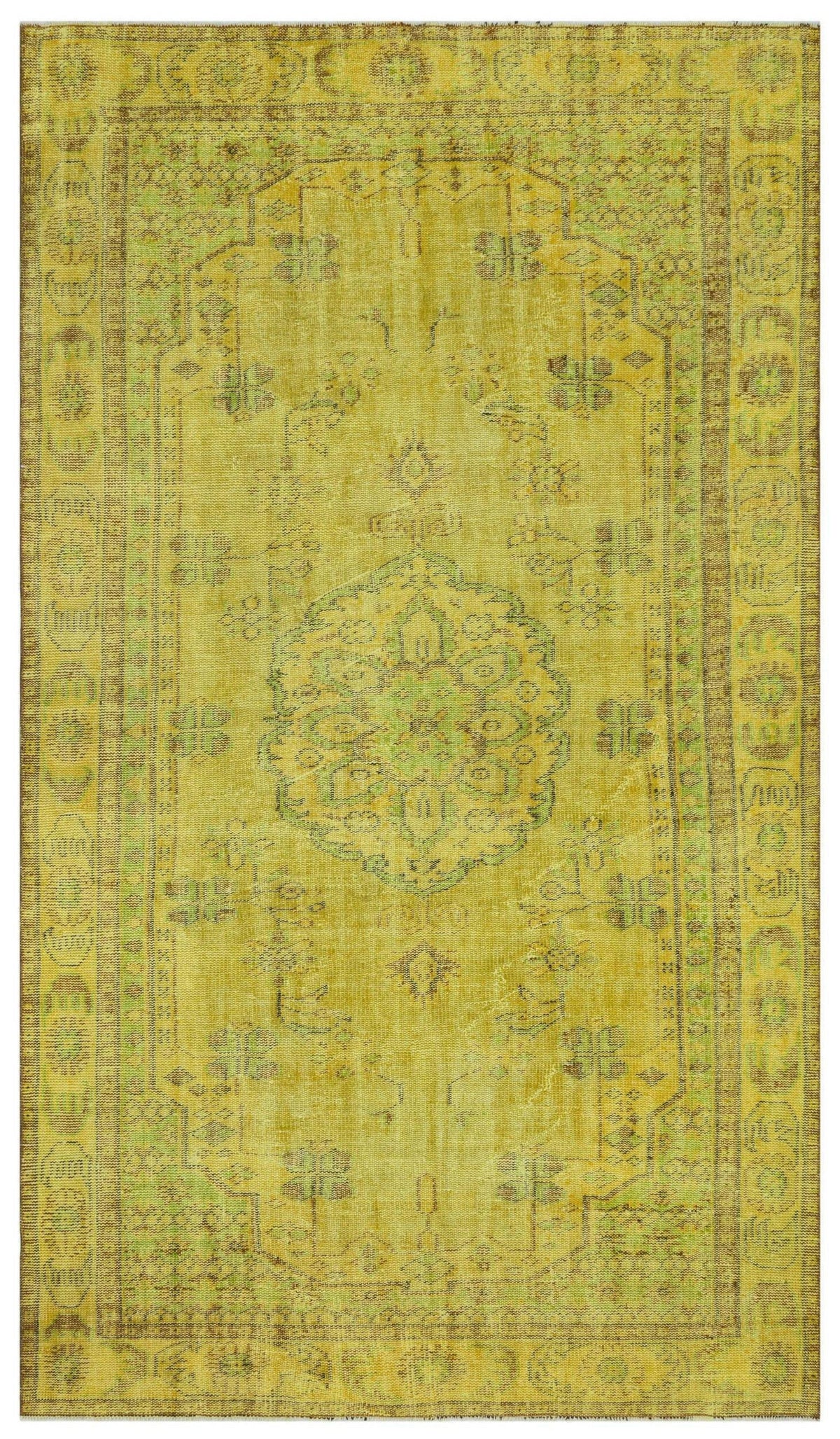 Chartreuse and olive green vintage-style rug with a central medallion and traditional border pattern.